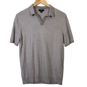 Reiss Mens Polo Medium Merino Wool Silk Knit Shirt Tan Short Sleeve V-Neck